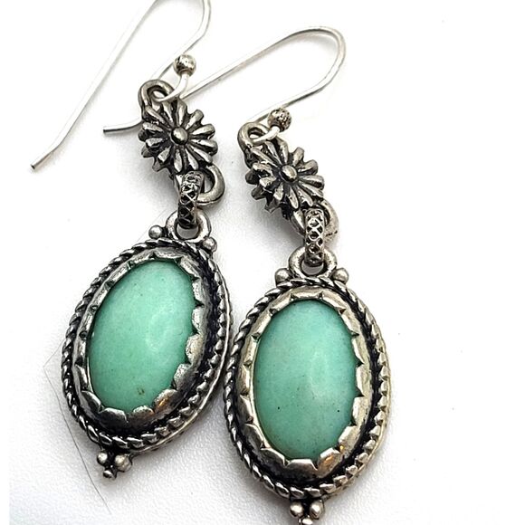 Estate Jewelry - Vintage Southwest Style Faux Turquoise Dangle Drop Oval Earrings 1.75in Silver